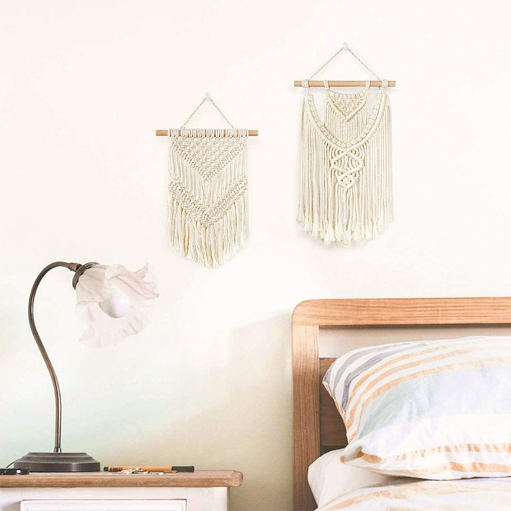 2 Pcs Small Macrame Wall Hanging Tapestry Boho Wall Decor Beige