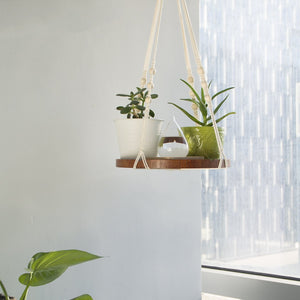 Hanging Plant Holders With Brown Wooden Shelf For Bedroom