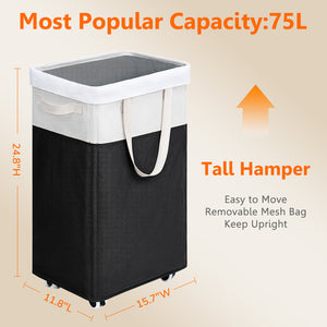 TIMEYARD 75L Rolling Laundry Hamper with Wheels and Removable Mesh Bag, Large Clothes Hampers for Laundry, White & Black