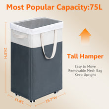 Load image into Gallery viewer, TIMEYARD 75L Rolling Laundry Hamper with Wheels and Removable Wash Bag, Tall Collapsible Large Laundry Basket with Wheels, White &amp; Grey