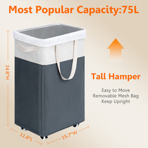 TIMEYARD 75L Rolling Laundry Hamper with Wheels and Removable Wash Bag, Tall Collapsible Large Laundry Basket with Wheels, White & Grey