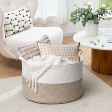 Load image into Gallery viewer, TIMEYARD Large Woven Laundry Hamper Basket - Decorative Storage Organizer for Living Room, Holds Toys Pillows Blankets Clothes - 21.7&quot; x 21.7&quot; x 13.8&quot;-White &amp; Light Brown