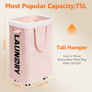 TIMEYARD 75L Rolling Laundry Hamper with Wheels and Removable Wash Bag, Tall Collapsible Large Laundry Basket Pink