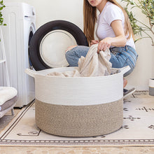 Load image into Gallery viewer, TIMEYARD Large Woven Laundry Hamper Basket - Decorative Storage Organizer for Living Room, Holds Toys Pillows Blankets Clothes - 21.7&quot; x 21.7&quot; x 13.8&quot;-White &amp; Light Brown