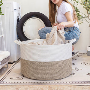 TIMEYARD Large Woven Laundry Hamper Basket - Decorative Storage Organizer for Living Room, Holds Toys Pillows Blankets Clothes - 21.7" x 21.7" x 13.8"-White & Light Brown
