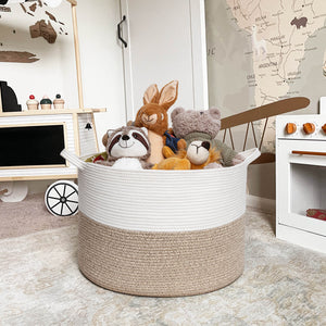 TIMEYARD Large Woven Laundry Hamper Basket - Decorative Storage Organizer for Living Room, Holds Toys Pillows Blankets Clothes - 21.7" x 21.7" x 13.8"-White & Light Brown