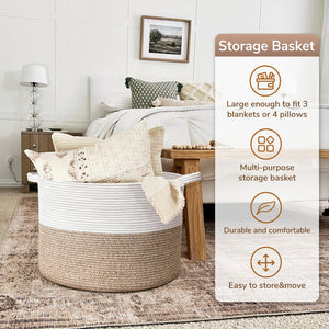 TIMEYARD Large Woven Laundry Hamper Basket - Decorative Storage Organizer for Living Room, Holds Toys Pillows Blankets Clothes - 21.7" x 21.7" x 13.8"-White & Light Brown