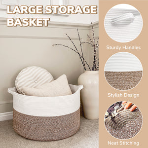 TIMEYARD Large Woven Laundry Hamper Basket - Decorative Storage Organizer for Living Room, Holds Toys Pillows Blankets Clothes - 21.7" x 21.7" x 13.8"-Brown