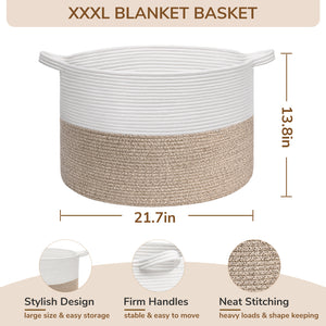 TIMEYARD Large Woven Laundry Hamper Basket - Decorative Storage Organizer for Living Room, Holds Toys Pillows Blankets Clothes - 21.7" x 21.7" x 13.8"-White & Light Brown