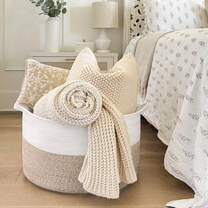 TIMEYARD Large Woven Laundry Hamper Basket - Decorative Storage Organizer for Living Room, Holds Toys Pillows Blankets Clothes - 21.7" x 21.7" x 13.8"-White & Light Brown