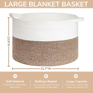TIMEYARD Large Woven Laundry Hamper Basket - Decorative Storage Organizer for Living Room, Holds Toys Pillows Blankets Clothes - 21.7" x 21.7" x 13.8"-Brown