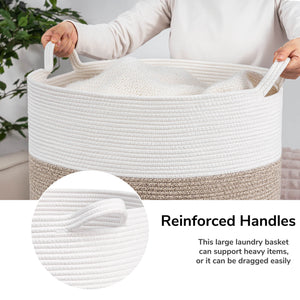 TIMEYARD Large Woven Laundry Hamper Basket - Decorative Storage Organizer for Living Room, Holds Toys Pillows Blankets Clothes - 21.7" x 21.7" x 13.8"-White & Light Brown