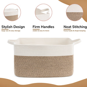 TIMEYARD Large Blanket Basket, 21.6" x 14.9" x 11.8" Rectangle Woven Baskets for Storage-White & Light Brown