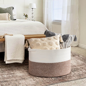 TIMEYARD Large Woven Laundry Hamper Basket - Decorative Storage Organizer for Living Room, Holds Toys Pillows Blankets Clothes - 21.7" x 21.7" x 13.8"-Brown