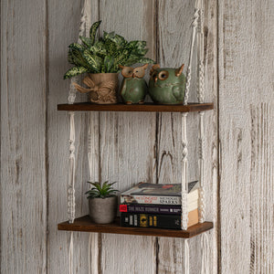 Rustic Wood Wall Shelves with Handmade Woven Hanger