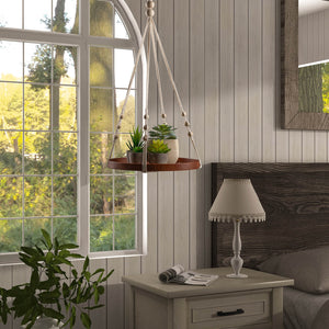 Hanging Plant Holders With Brown Wooden Shelf