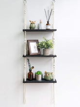 Load image into Gallery viewer, 3 Tier Macrame Shelf Hanging Shelves Black