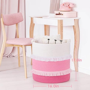 Goodpick Pink Tassel Tall Cotton Rope Basket