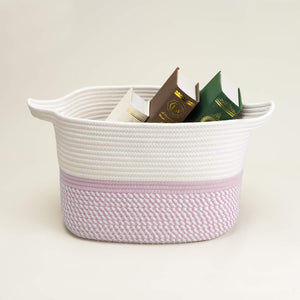 Pink Square Cotton Rope Woven Basket with Handles