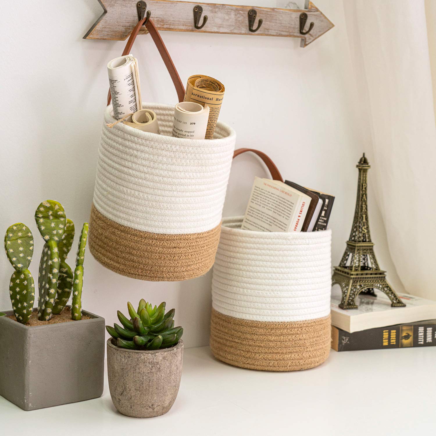 hanging woven plant basket 2 Pack Jute Rope Hanging Woven Baskets