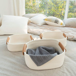 3 Pack Rectangle Cotton Rope Woven Basket with Handles