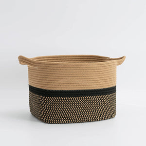 Brown and Black Square Cotton Rope Woven Basket with Handles