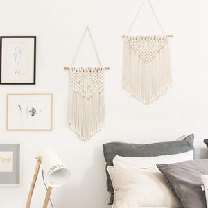 2 Pcs Macrame Wall Hanging Small Woven Tapestry Beige For Bedroom