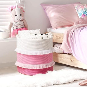 Goodpick Pink Tassel Tall Cotton Rope Basket