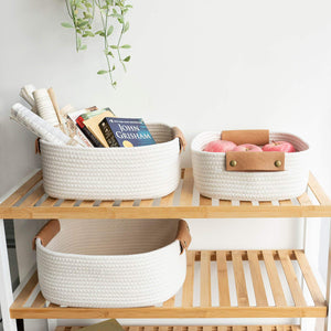 3 Pack Rectangle Cotton Rope Woven Basket with Handles