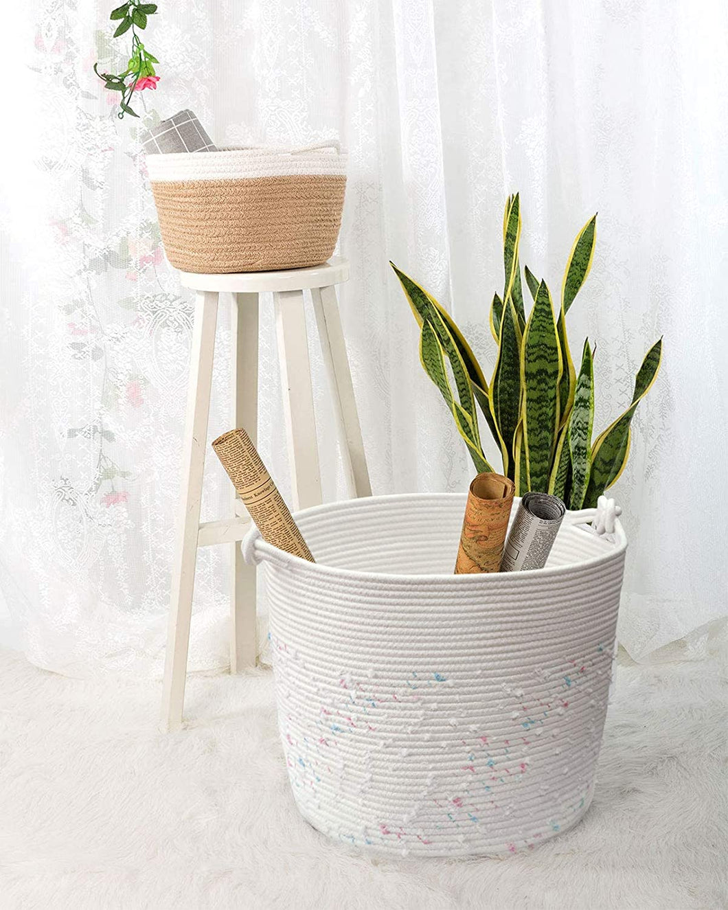 Cotton Rope Basket with Handle Storage Bins 15'' × 15'' × 14.2''