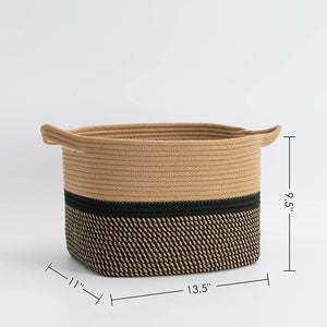 Brown and Black Square Cotton Rope Woven Basket with Handles