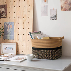 Brown and Black Square Cotton Rope Woven Basket with Handles