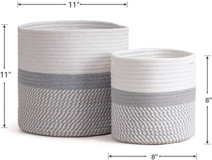 2-Pack Cotton Rope Plant Basket White and Grey Stripes