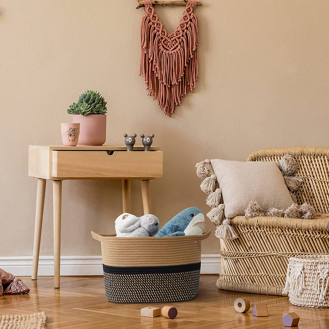 Brown and Black Square Cotton Rope Woven Basket with Handles