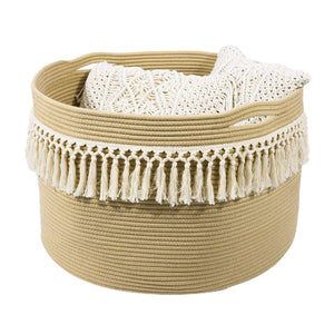 Large Woven Tassel Cotton Rope Basket with Handles 