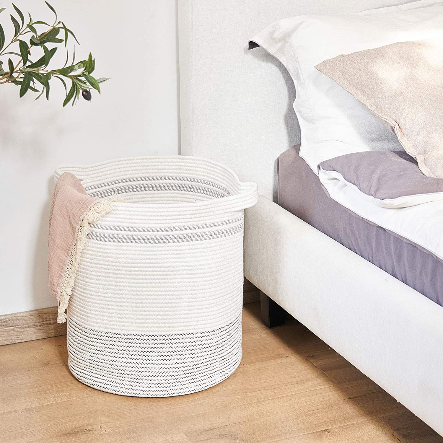 White Large Woven Storage Hamper Blanket Basket Timeyard