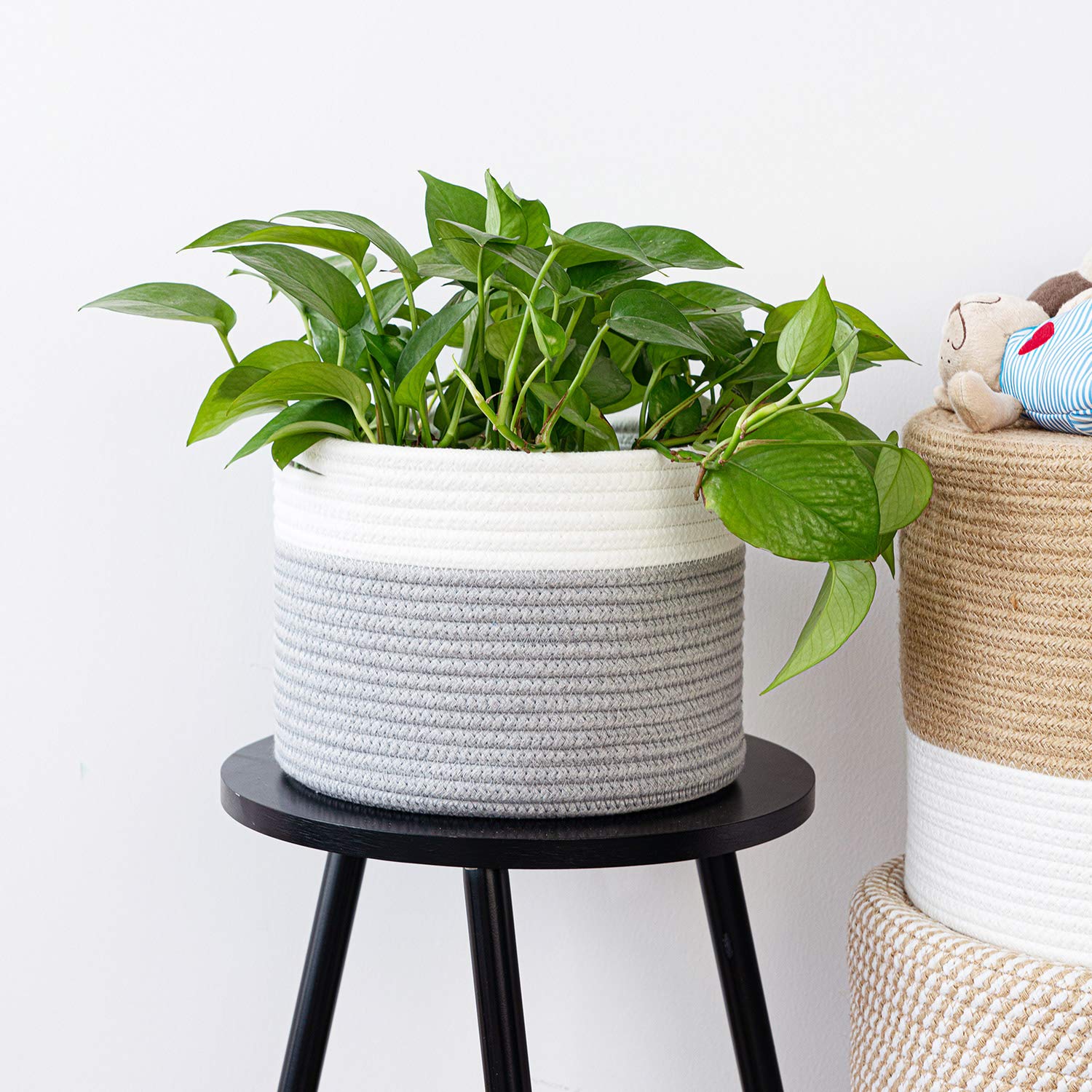 small woven plant basket Small Cotton Rope Woven Basket 9.4"Dx7.1"H