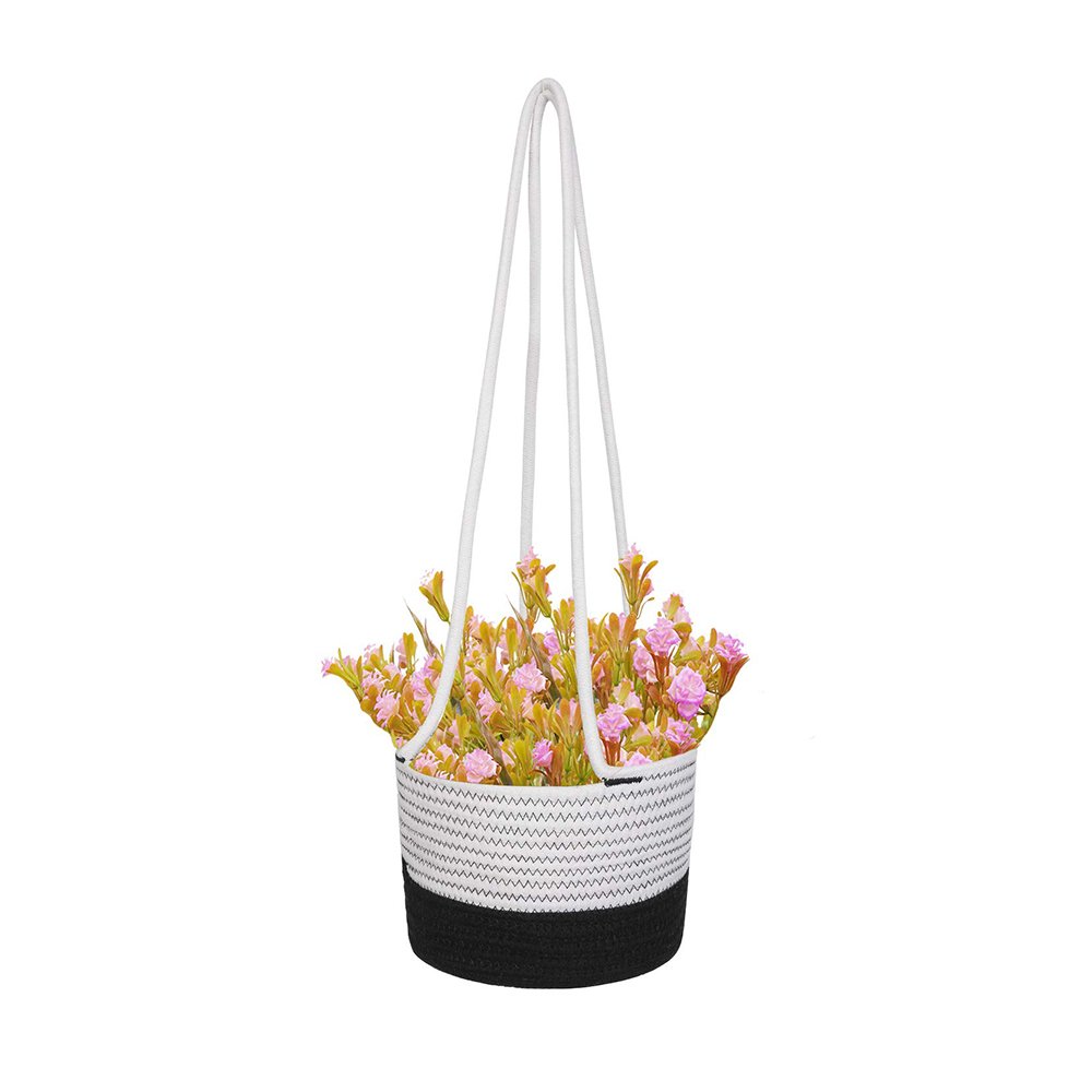 Black and White Plant Basket Woven Cotton Rope Wall Hanging Indoor Planter