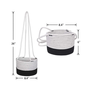 Black and White Plant Basket Woven Cotton Rope Wall Hanging Indoor Planter up to 8 inches pot