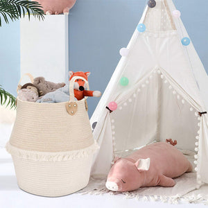 Cute Woven Clothes Hamper For Baby Plush Stuffed Animals Toys Storage Basket with Long Handles living room storage