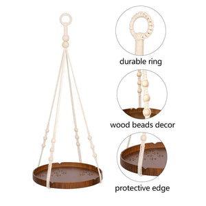 Hanging Plant Holders With Brown Wooden Shelf Details