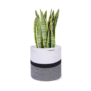 Cotton Rope Plant Basket Floor Indoor Planters 11" x 11" Gray and White Stripe