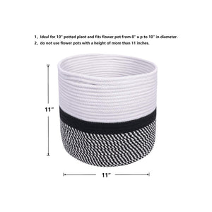Cotton Rope Plant Basket Floor Indoor Planters 11" x 11" Gray and White Stripe timeyard