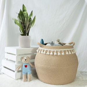 Jute Cotton Rope Belly Basket with Tassel