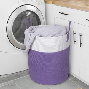 Large Woven Cotton Rope Laundry Basket with Handles, Purple