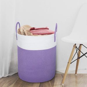 Large Woven Cotton Rope Laundry Basket with Handles, Purple