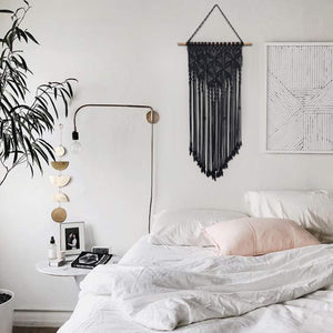 Macrame Woven Tapestry Wall Art Boho Decor Black For Living Room