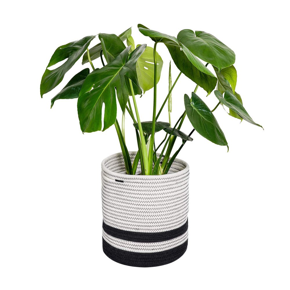 Woven Cotton Rope Plant Basket Black and White Stripes