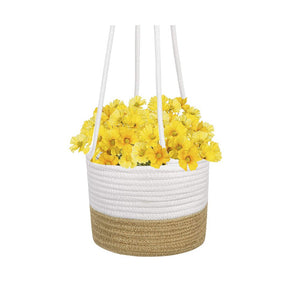 Yellow and White Plant Basket Woven Cotton Rope Wall Hanging Indoor Planter Timeyard
