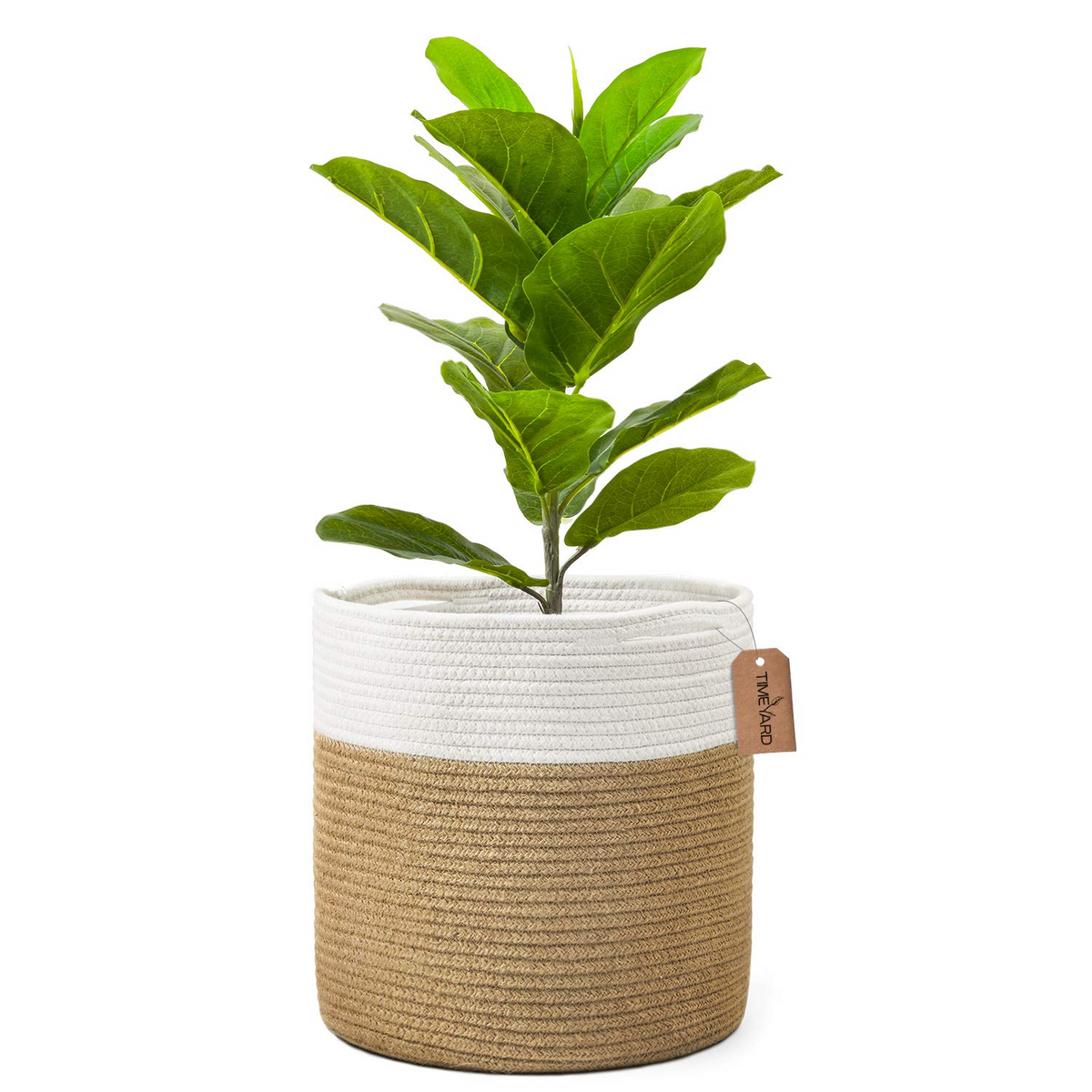 plant in woven basket TIMEYARD Jute Rope Plant Basket Large Modern Woven Basket, 12''x12'', White and Jute